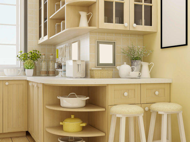 3D渲染，宽敞现代豪华厨房与酒吧设计。图片下载