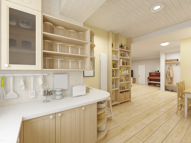 3D渲染，宽敞现代豪华厨房与酒吧设计。图片下载