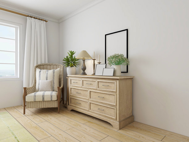 3D效果图，优雅宽敞的现代公寓卧室设计，大床旁边的大衣柜，配有梳妆台和绿色植物图片下载