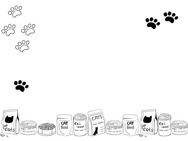 黑白无缝猫粮套装。罐头猫粮，干猫粮和维生素。背景图片下载