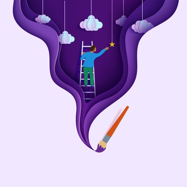 32、人在云天挑星纸剪造型。剪纸画笔画出的商人爬上梯子到天空，试图抓住梦想的星星。向量海报图片下载