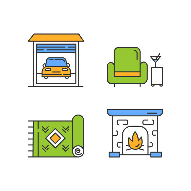 公寓设施颜色图标集。车库，停车场，客房服务。传统的绿色家居地毯，老式壁炉架。舒适的生活条件。孤立的矢量插图图片下载