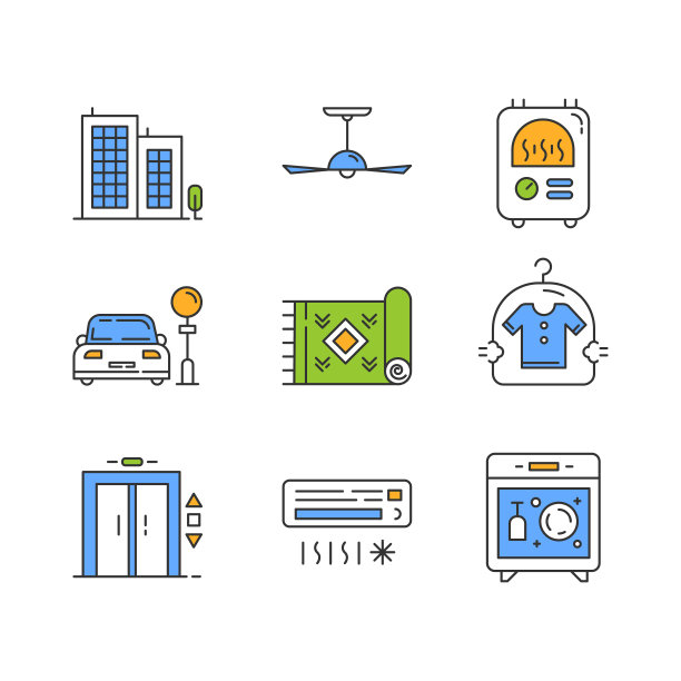 公寓设施颜色图标集。多层建筑，干洗，停车场。空调系统，集中加热器，电梯电梯，地毯，洗碗机。孤立的矢量插图图片下载