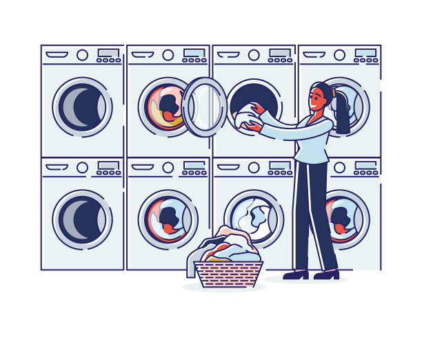 公共洗衣和干洗概念。在现代洗涤服务中，女性角色的家庭主妇把脏衣服放进洗衣机洗涤。卡通线性轮廓平面矢量插图图片下载
