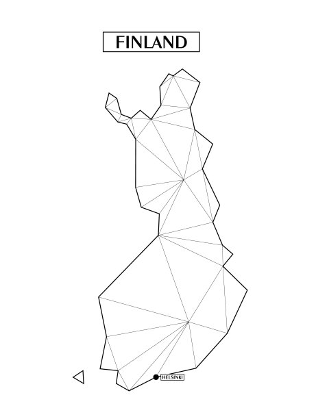 芬兰的多边形抽象地图，由线组成的连接三角形。首都赫尔辛基。很好的海报，可以贴在家里的墙上。房间墙壁的装饰。图片下载