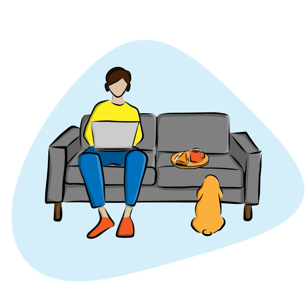 一个男人坐在沙发上，用笔记本电脑工作在家里的蛋糕和咖啡，工作在家，狗正在看蛋糕，平面矢量插图图片下载