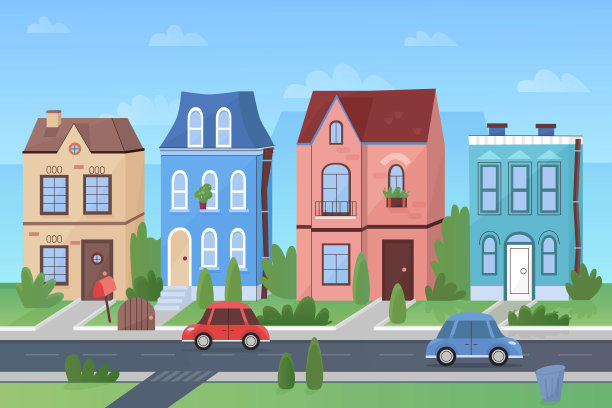 矢量卡通可爱的街道一个多彩的城镇城市与商店，汽车和树木。图片下载