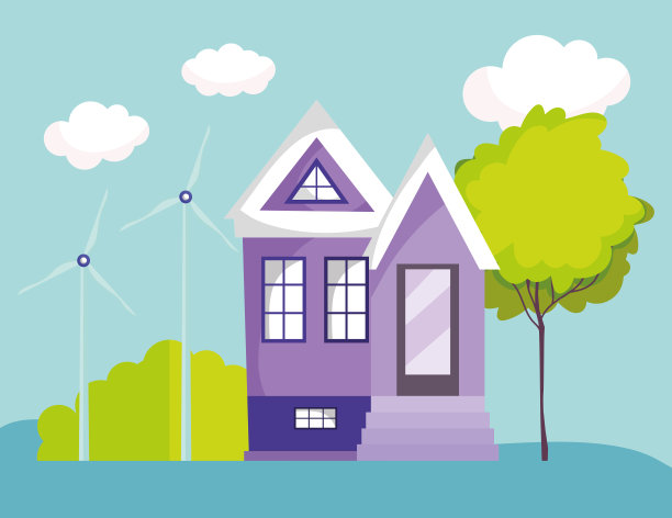 房屋、涡轮机、树木、自然能源、可再生生态图片下载