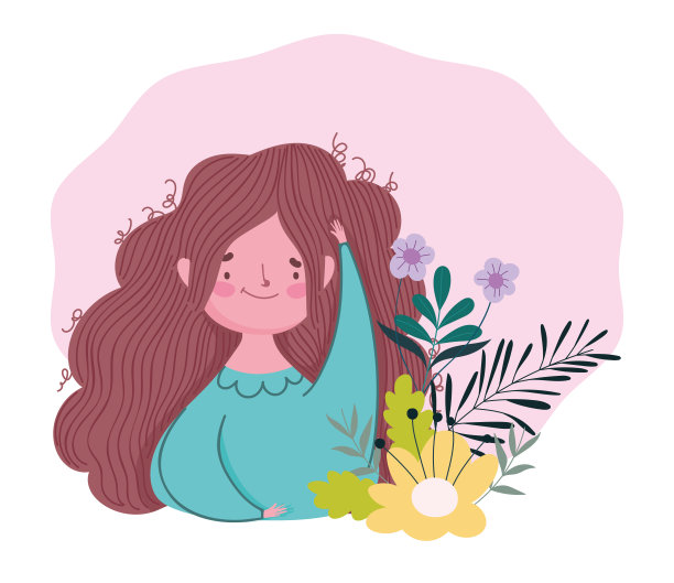 母亲节快乐，卡通风格的棕发女性与鲜花装饰图片下载