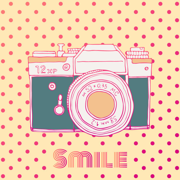 矢量复古手绘潮人照片相机孤立在波尔卡点背景图片下载