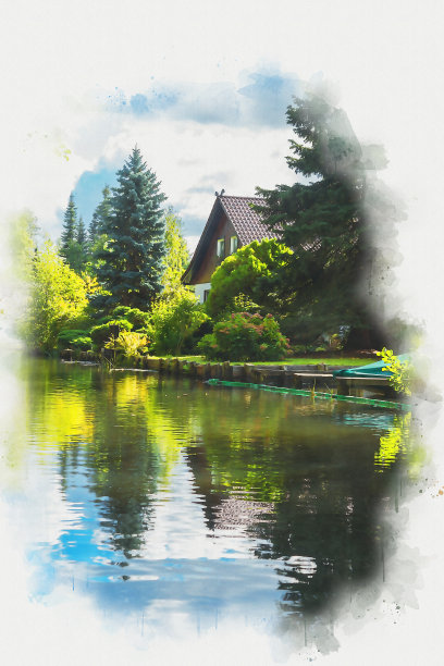 施普雷瓦尔德吕贝瑙莱德水彩画：夏季阳光下的典型森林河流景观图片下载