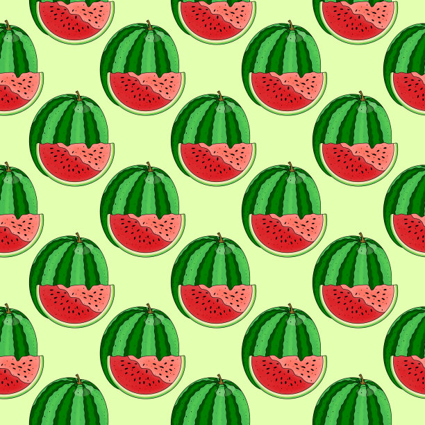 无缝卡通图案的红绿西瓜水果。在浅绿色背景上手绘打印图片下载