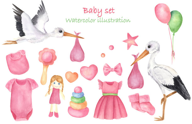 一组新生儿元素，在白色背景上孤立的物体。素材图片