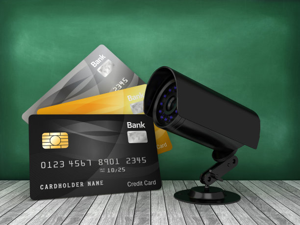 信用卡与安全摄像头在黑板上- 3D渲染图片下载