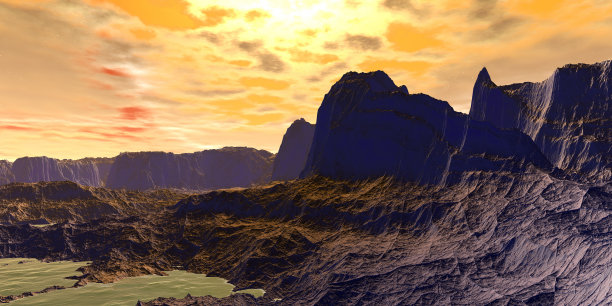 外星人的星球。山和湖。三维渲染图片下载