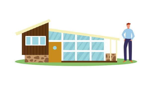 房子进化-人旁边的现代小屋平面矢量插图孤立。图片下载