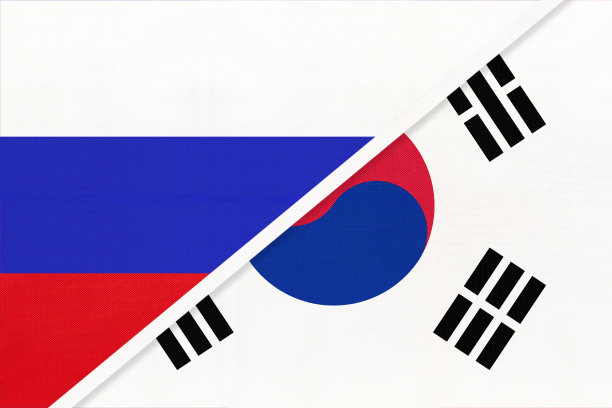 俄罗斯与韩国的国旗源自纺织品。两国关系和伙伴关系。图片下载