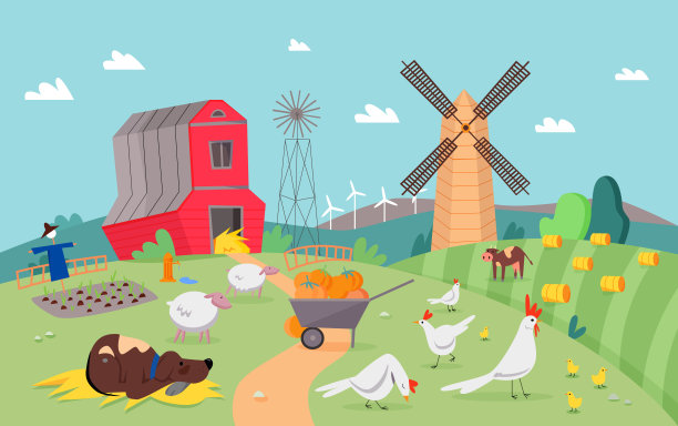 现代农场场景与可爱的动物平面卡通矢量插画概念，背景图片下载