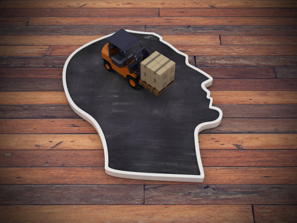 人的头形状与叉车在木地板- 3D渲染图片下载