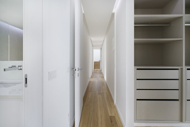 带有衣柜的现代卧室，可以看到主厅。图片下载