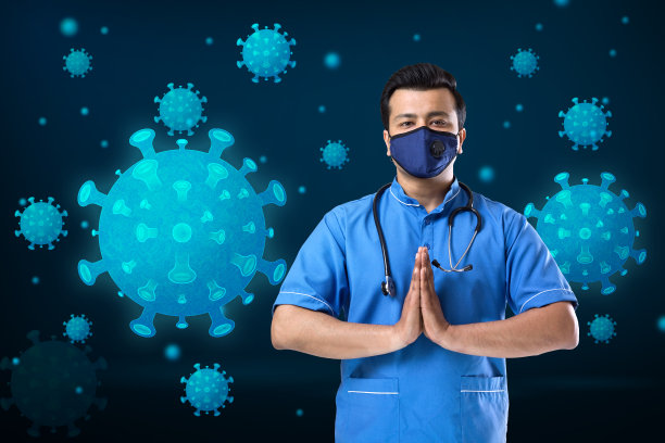 医护人员戴口罩，以合十礼问候，防止病毒传播图片下载