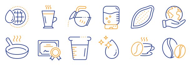 一套食物和饮料图标，如咖啡壶，煎锅，水滴。向量图片下载