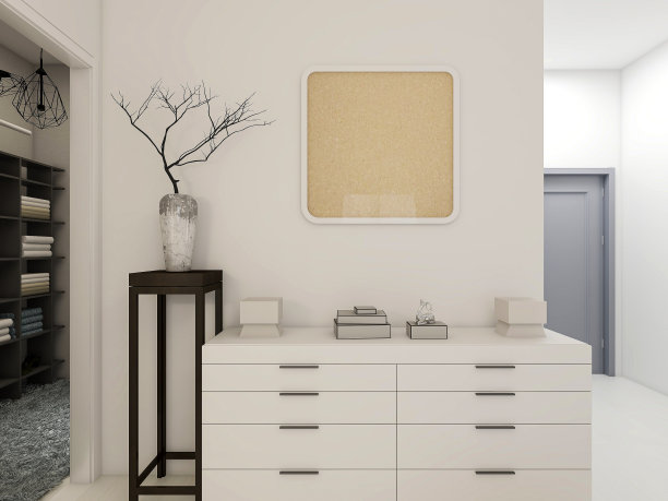 现代公寓的卧室设计优雅宽敞，大床旁边有一个大衣帽间，还有一个水桶柜和绿色植物。图片下载