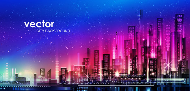 矢量夜市插图霓虹灯和生动的颜色。素材图片