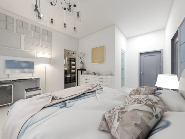 现代公寓的卧室设计优雅宽敞，大床旁边有一个大衣帽间，还有一个水桶柜和绿色植物。图片下载