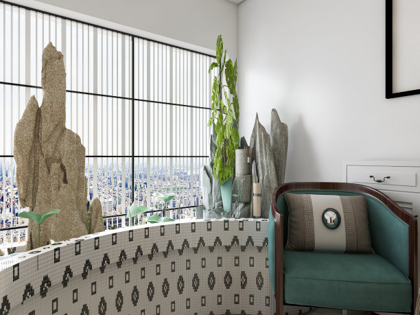 3D渲染，宽敞明亮的城市住宅封闭式阳台设计，绿色植物配木制桌椅休闲舒适。图片下载