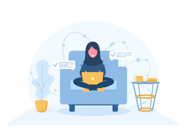 女性的自由。阿拉伯女孩戴着头巾，坐在扶手椅上用笔记本电脑。工作、学习、教育、在家工作、健康生活方式的概念说明。矢量插图在平面风格。图片下载