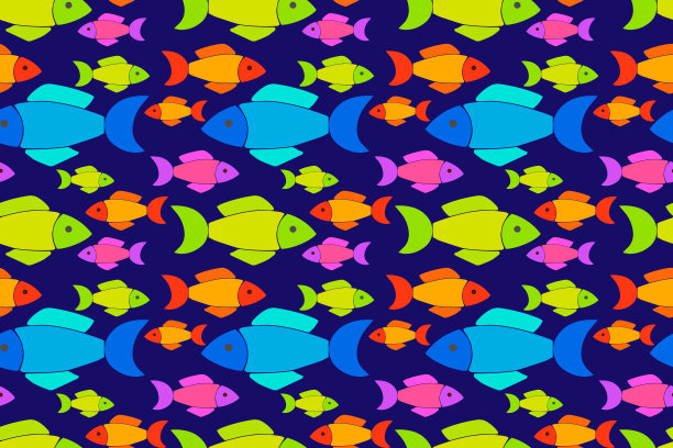 抽象的彩色鱼图案，涂鸦矢量股票插图图片下载