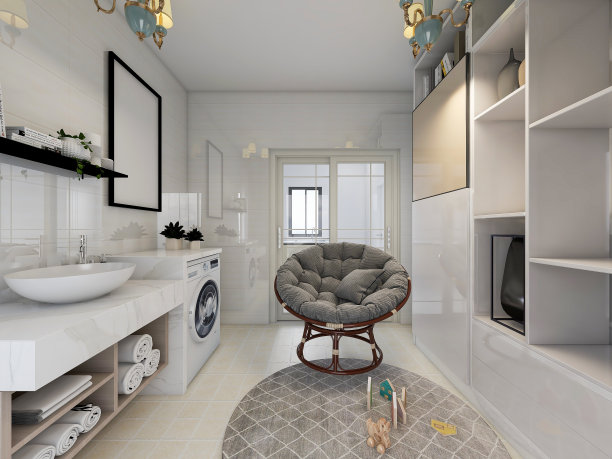 3D效果图，宽敞明亮的城市住宅封闭式阳台设计，绿色植物和家用电器看起来休闲舒适图片下载