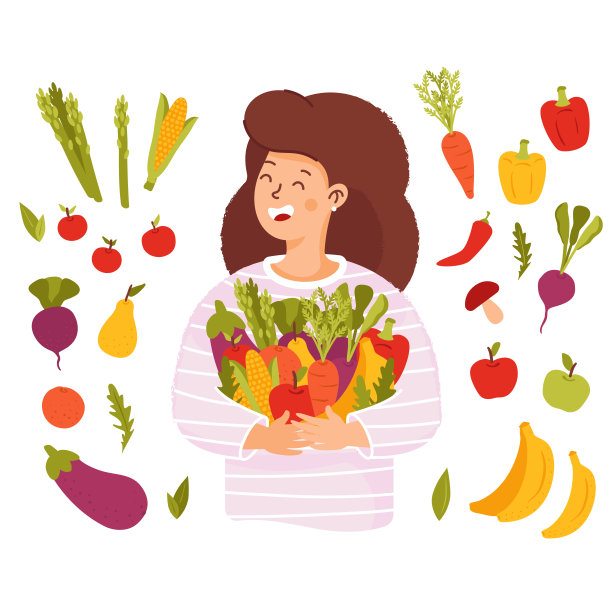 绿色的生活方式。快乐的年轻女人拿着蔬菜和水果。素食图片下载