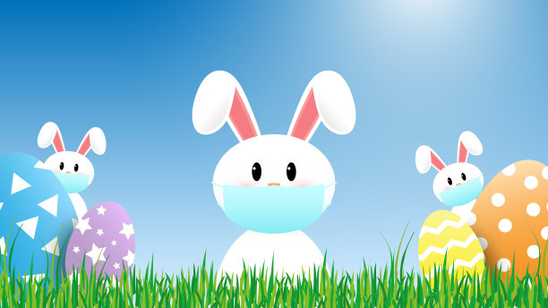 戴着医用面具的复活节白兔。复活节兔子。矢量图。素材图片