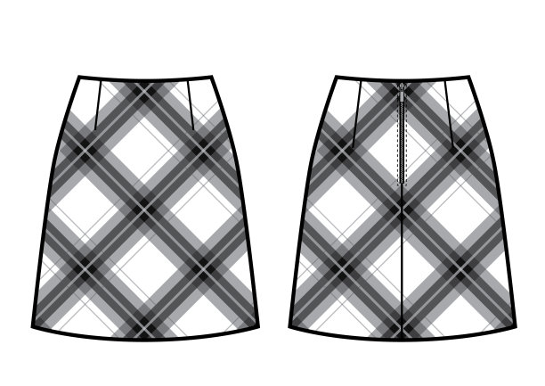 a廓形短裙矢量格子印花。前后视图。图片下载