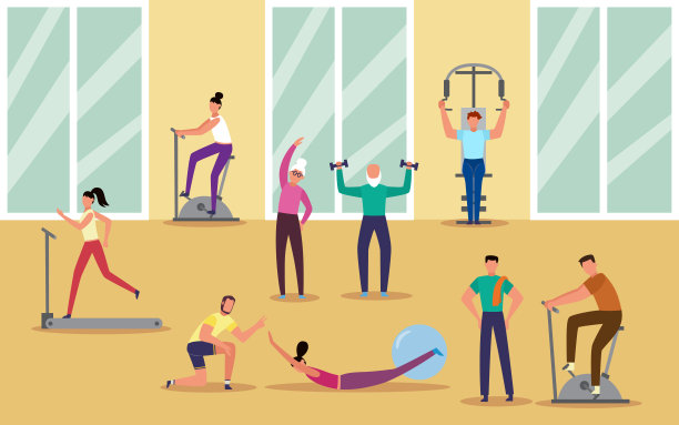 人们在健身中心通过私人教练的指导，矢量插图。素材图片