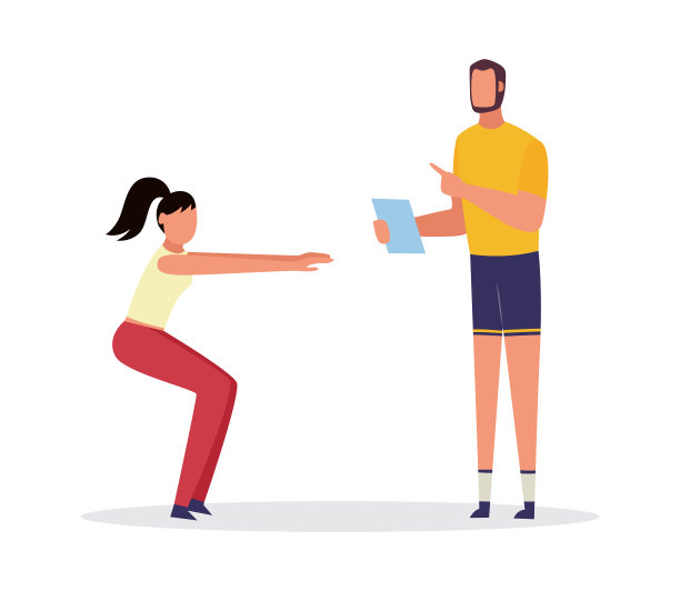 女子下蹲在私人教练的监督下，矢量插图隔离。图片下载