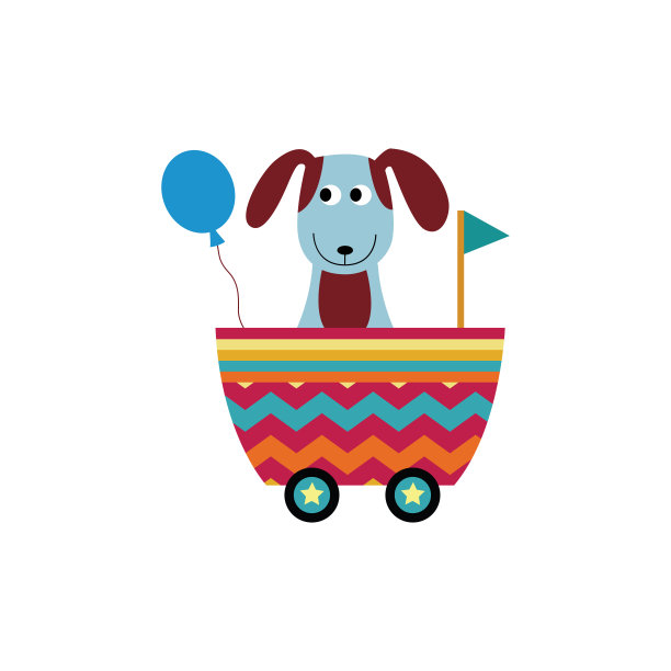 可爱的小狗在玩具车或铁路车，平面矢量插图孤立。图片下载