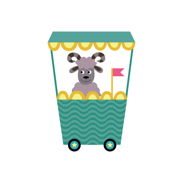 玩具火车车厢与有趣的山羊性格，平面矢量插图孤立。图片下载