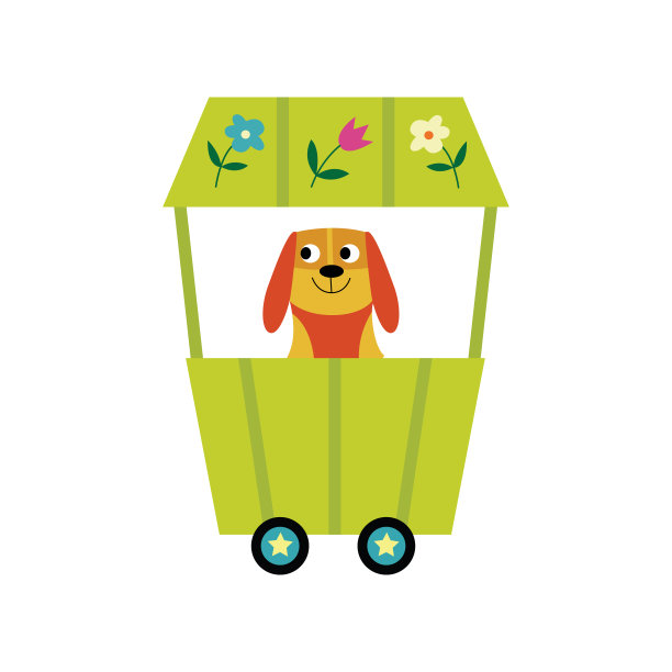 小狗骑在儿童铁路车厢平面矢量插图孤立。图片下载