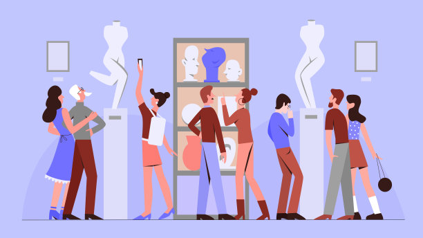 画廊平面矢量插图。文艺复兴时期的雕塑展览。文化博物馆游览。杰作博览会。展示大厅。蓝色背景上的男女卡通人物图片下载