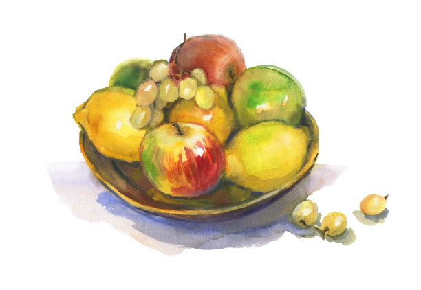 水果和蔬菜装在一个木盘子里。水彩画孤立的白色背景。图片下载