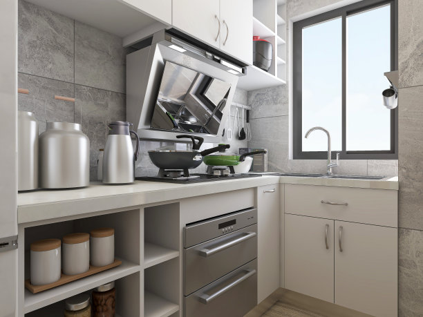 3D效果图，现代家庭厨房设计，新橱柜和带有冰箱的厨房用具，阳光透过窗户。图片下载