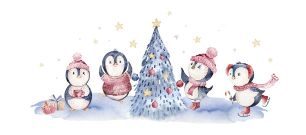 水彩圣诞快乐人物企鹅插图。冬季卡通孤立可爱有趣的动物设计卡。雪花假日季节，圣诞企鹅。图片下载
