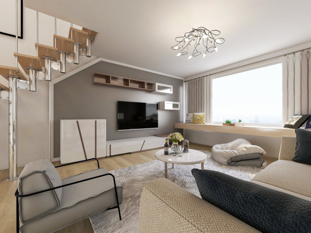 3D效果图，干净整洁的现代客厅设计，配有鞋柜、五斗柜、沙发、电视、桌子、楼梯等设备图片下载