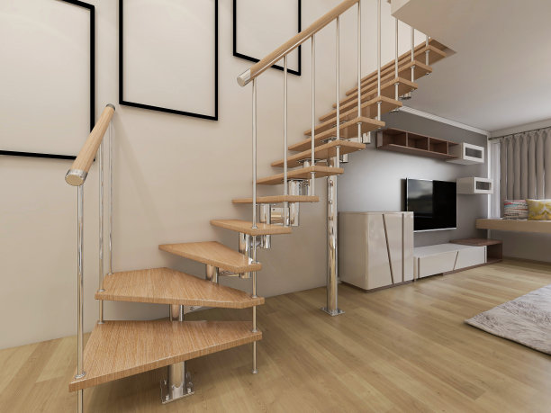 3D效果图，干净整洁的现代客厅设计，配有鞋柜、五斗柜、沙发、电视、桌子、楼梯等设备图片下载