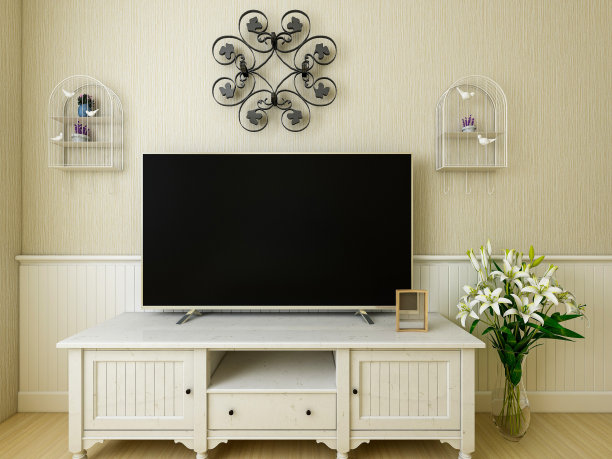 3D效果图，优雅宽敞的现代公寓卧室设计，大床旁边的大衣柜，配有梳妆台和绿色植物图片下载