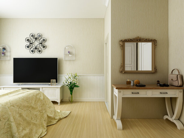 3D效果图，优雅宽敞的现代公寓卧室设计，大床旁边的大衣柜，配有梳妆台和绿色植物图片下载