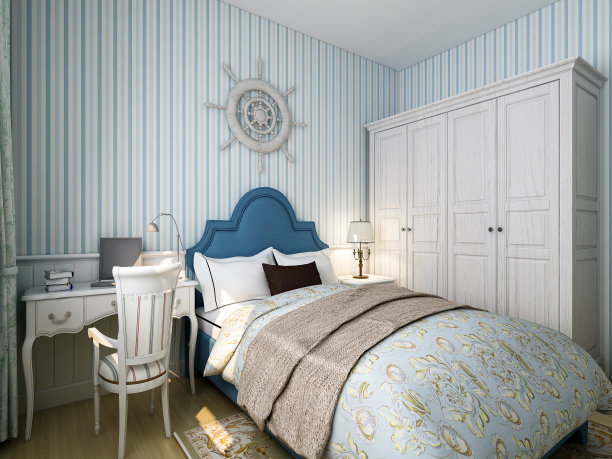 3D效果图，优雅宽敞的现代公寓卧室设计，大床旁边的大衣柜，配有梳妆台和绿色植物图片下载